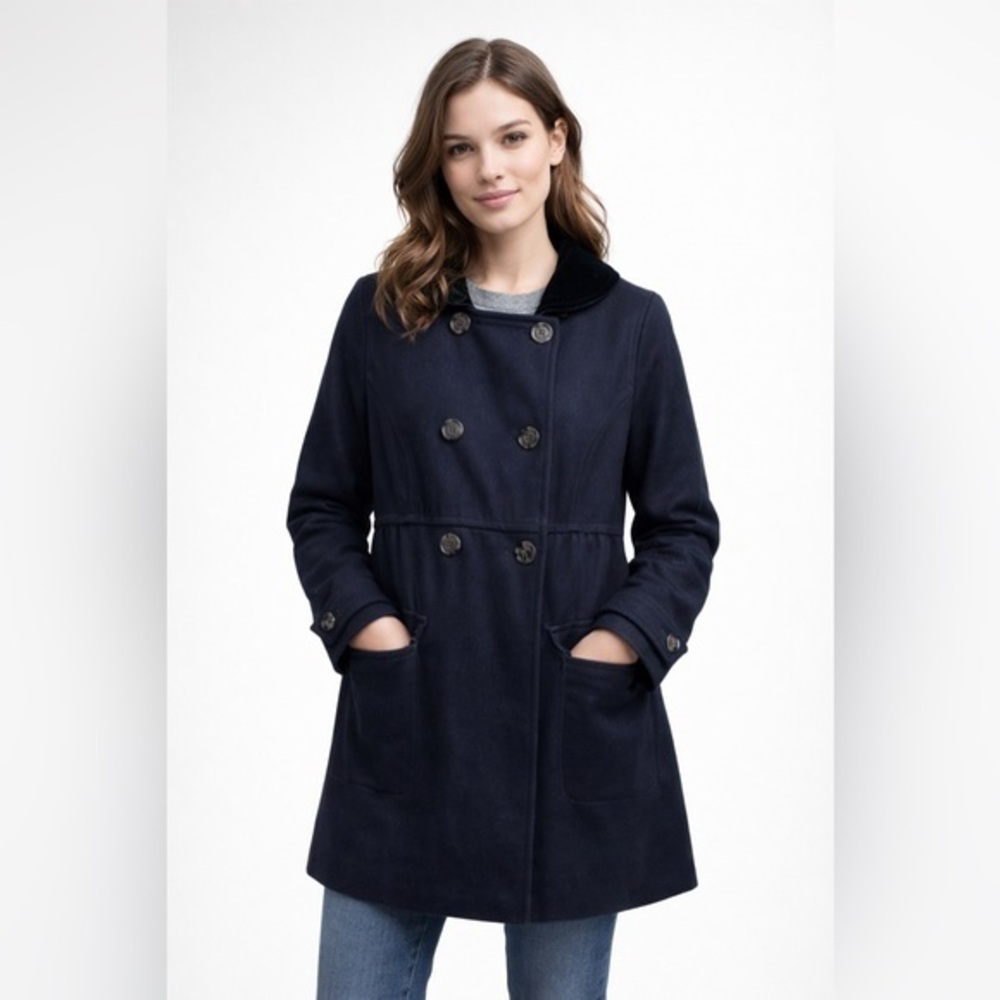 Navy Wool Blend Peacoat Double Breasted Velvet Collar Winter Coat M